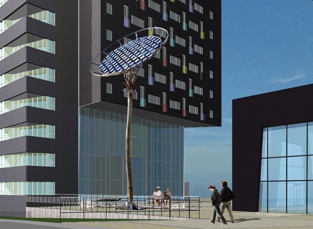 Een artistieke impressie van een beeldhouwwerk voor een hoog gebouw. Zonneboom Nijmegen door Willems Staal