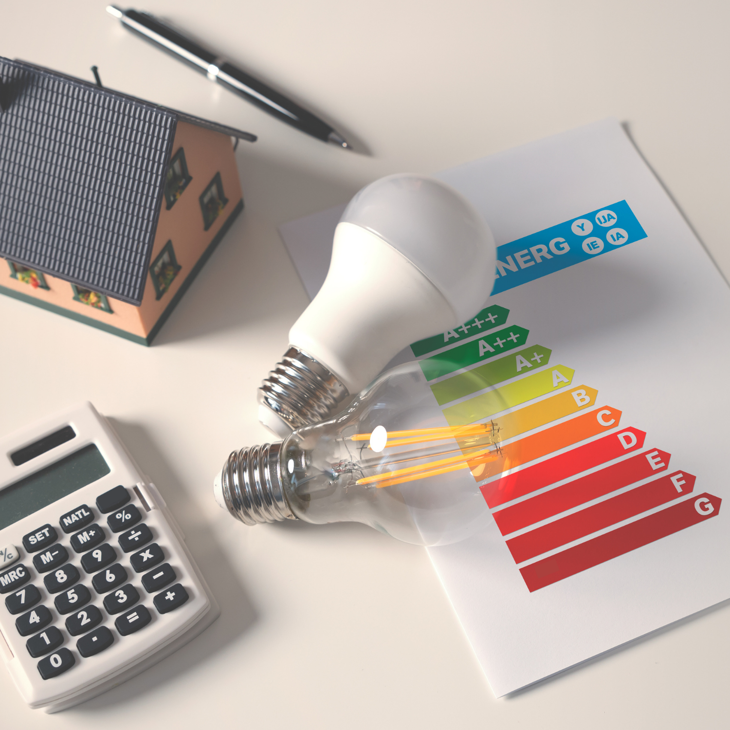 A house model, light bulbs, energy efficiency chart, calculator, and pen on a white surface.