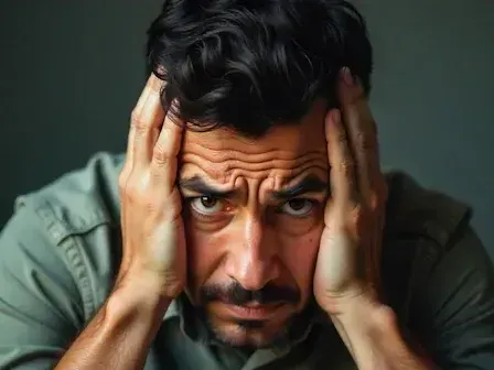 An anxious Hispanic man visibly stressed—head in his hands, furrowed brow, and looking worried or overwhelmed.