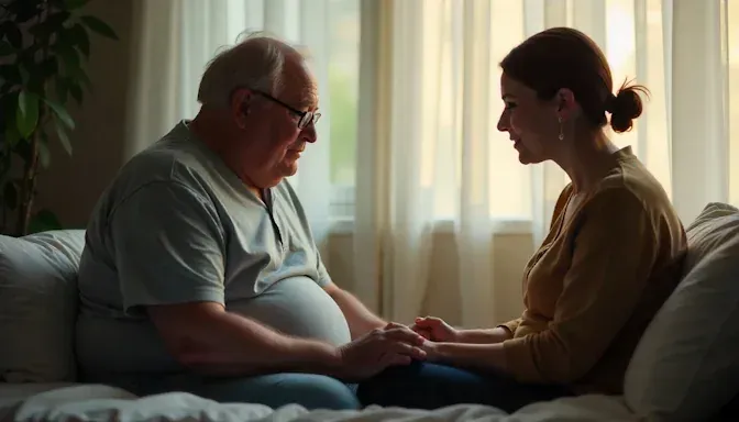 overweight man after hypnotherapy session sitting with his daughter