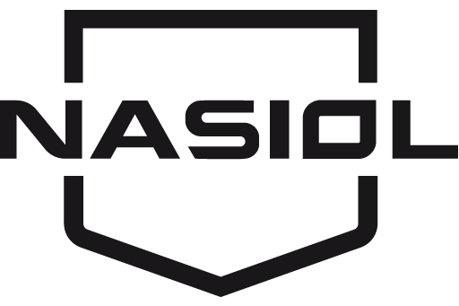 Nasiol logo with the brand name in bold, a shield shape around it, all in black.
