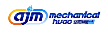 Logo for AJM Mechanical HVAC. Blue, orange, and white text; flame icon over the letters 