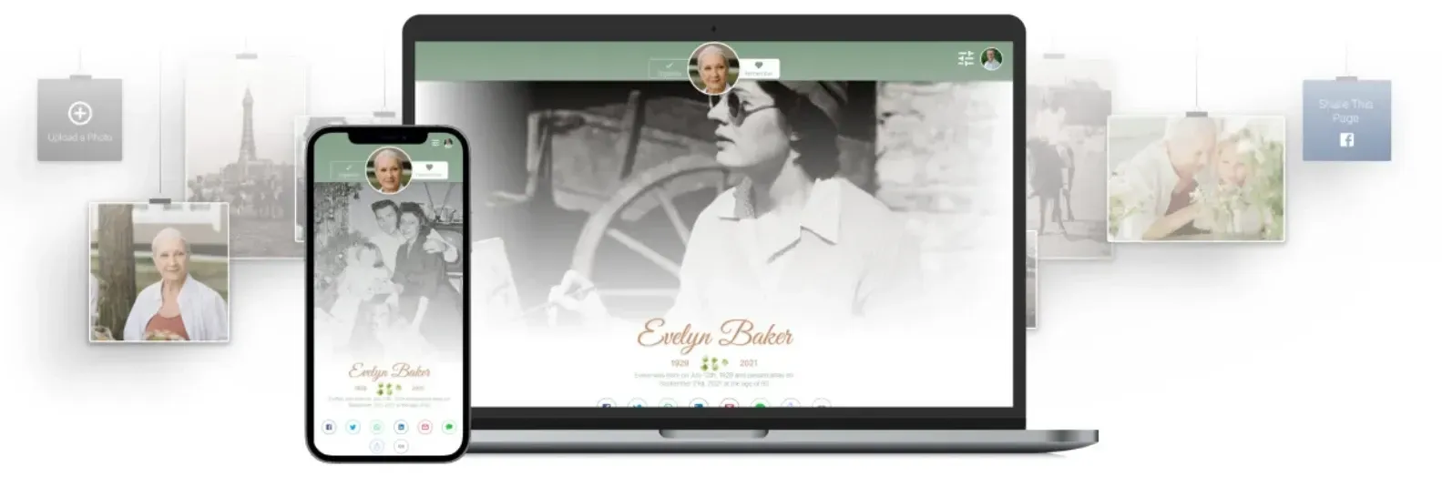 Laptop and phone displaying a bridal photo collage with soft floral decorations