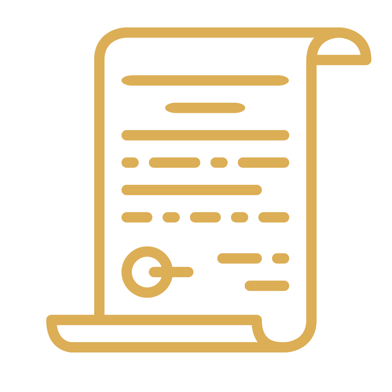 Gold outline icon of a rolled document with lines and a seal stamp