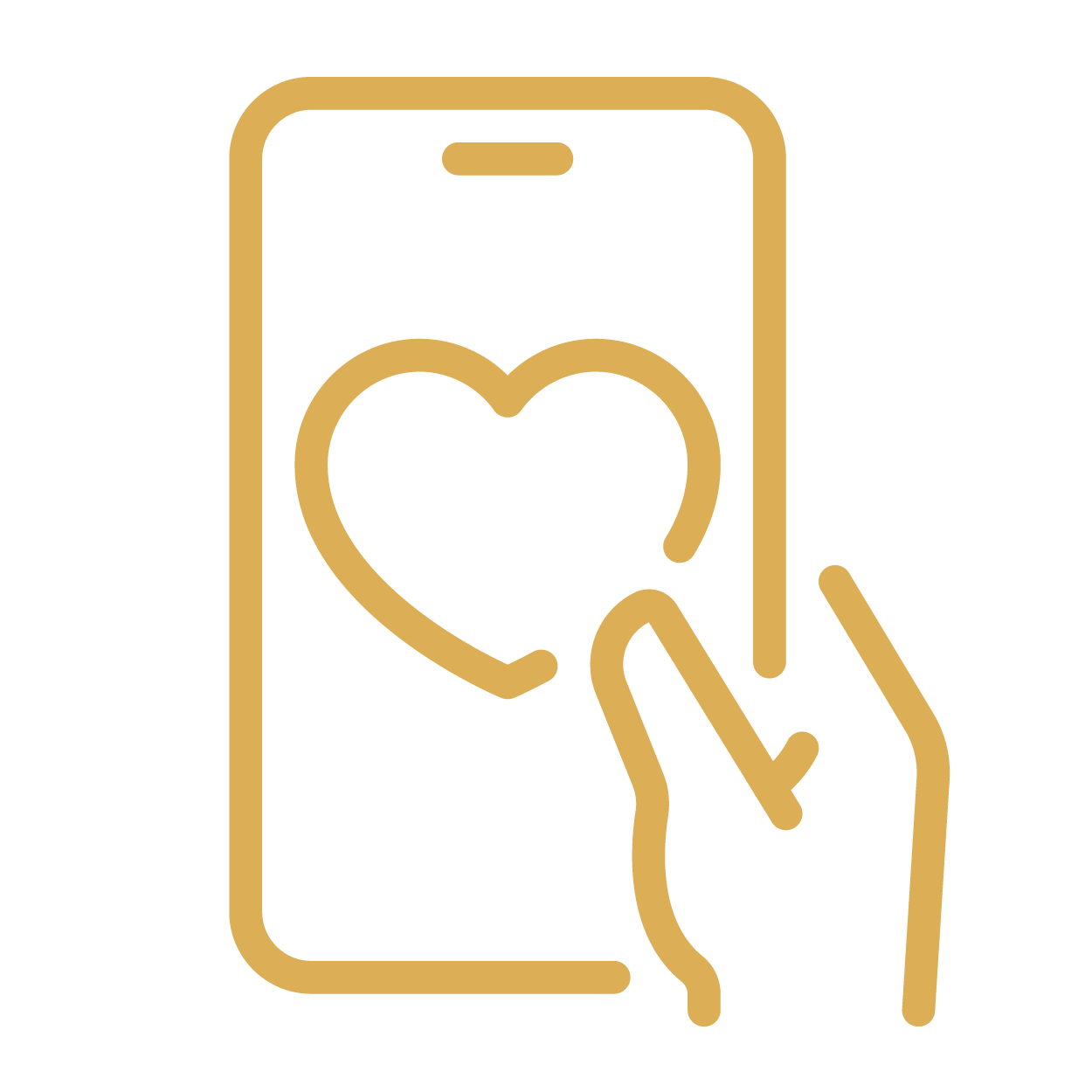 Gold line icon of smartphone with heart on screen and hand tapping it