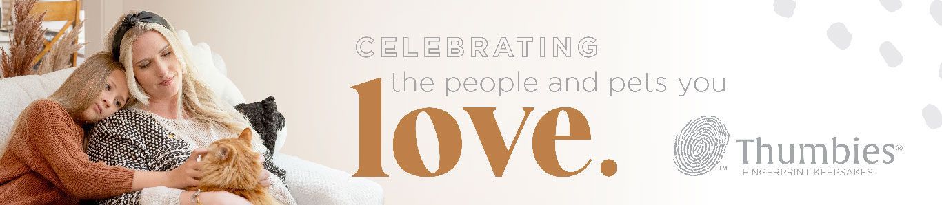 Woman cuddling a dog with text “Celebrating its love.” and Thumbs Up logo