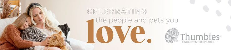 Woman cuddling a dog with text “Celebrating its love.” and Thumbs Up logo