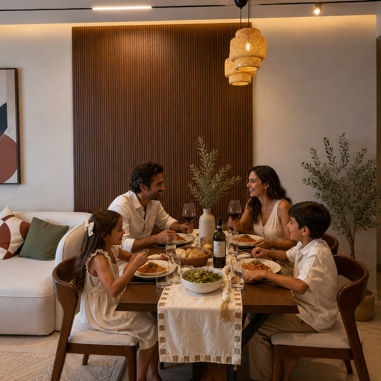 Family dining at a warmly lit table in a cozy living room, sharing a meal and conversation.
