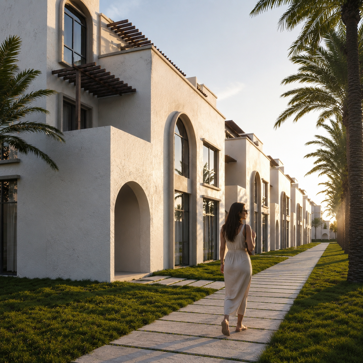 Woman walking along a stone path beside white Mediterranean-style villas at sunset