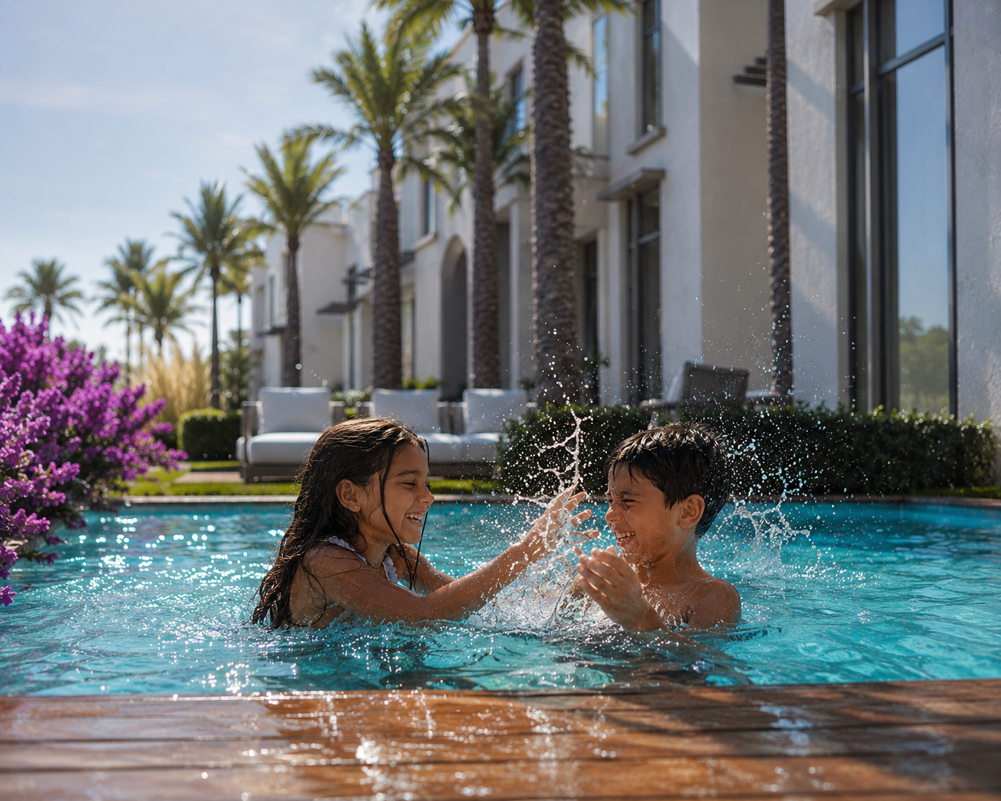 Two children playing in a turquoise pool beside palm trees and a modern building