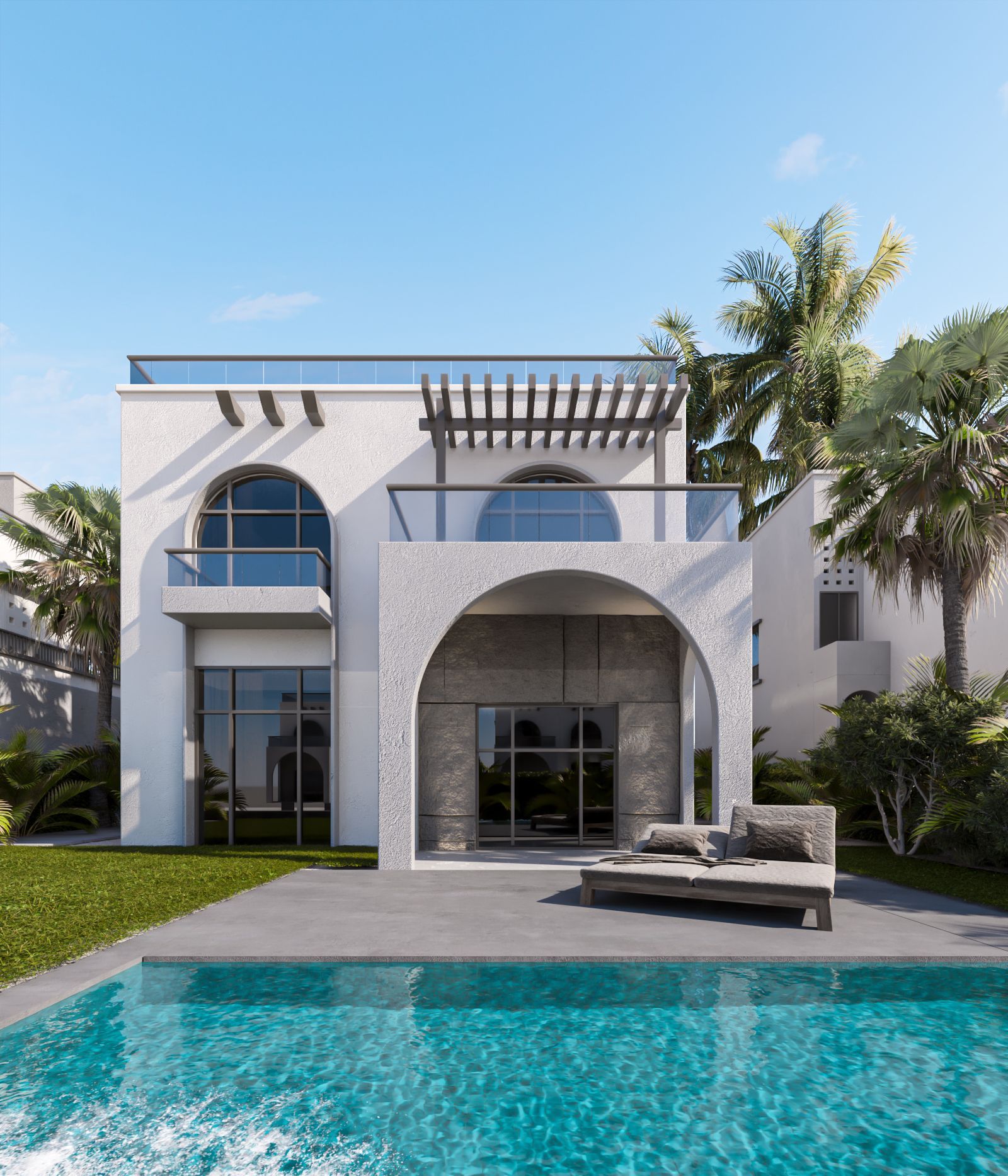 Modern white villa with arched windows and a pool in front under a clear blue sky