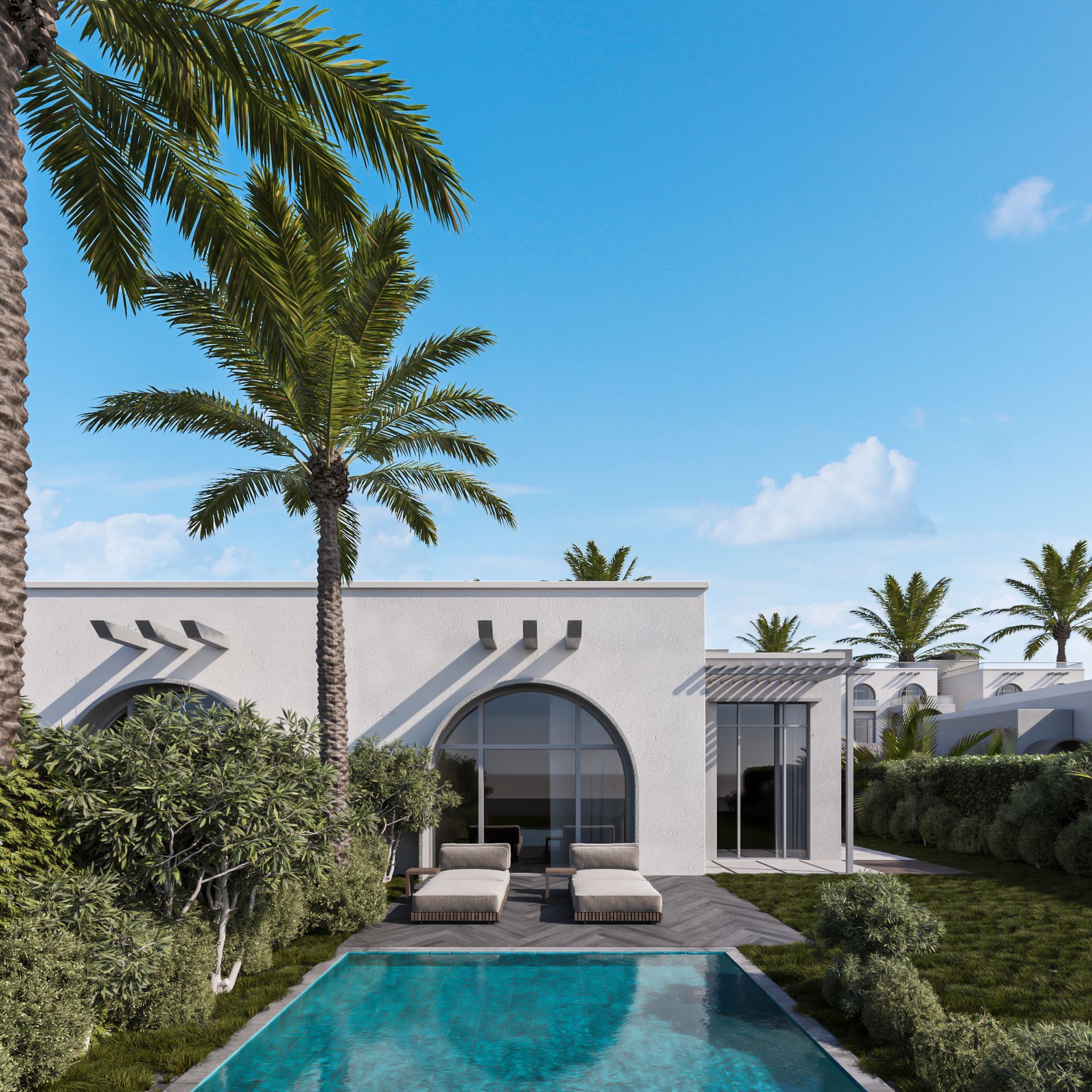 Modern white villa with arched windows, turquoise pool, palm trees, and a sunny blue sky
