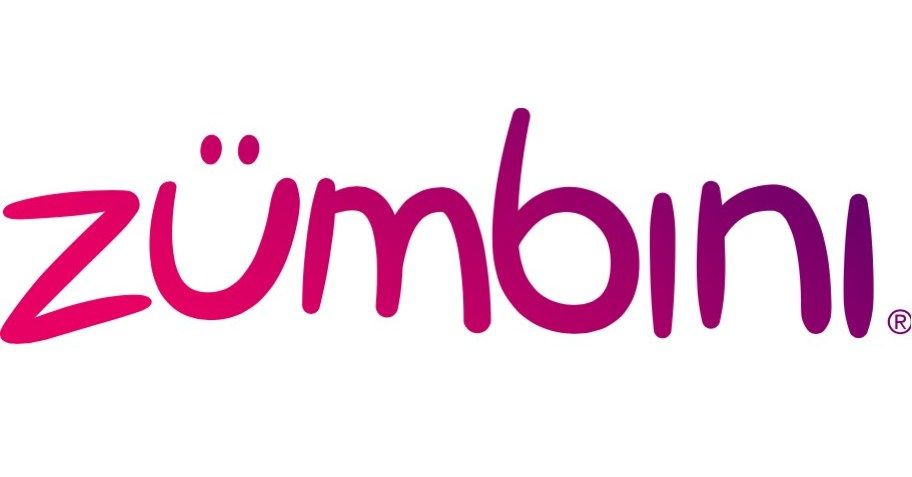 A pink and white logo for a company called zumbini.