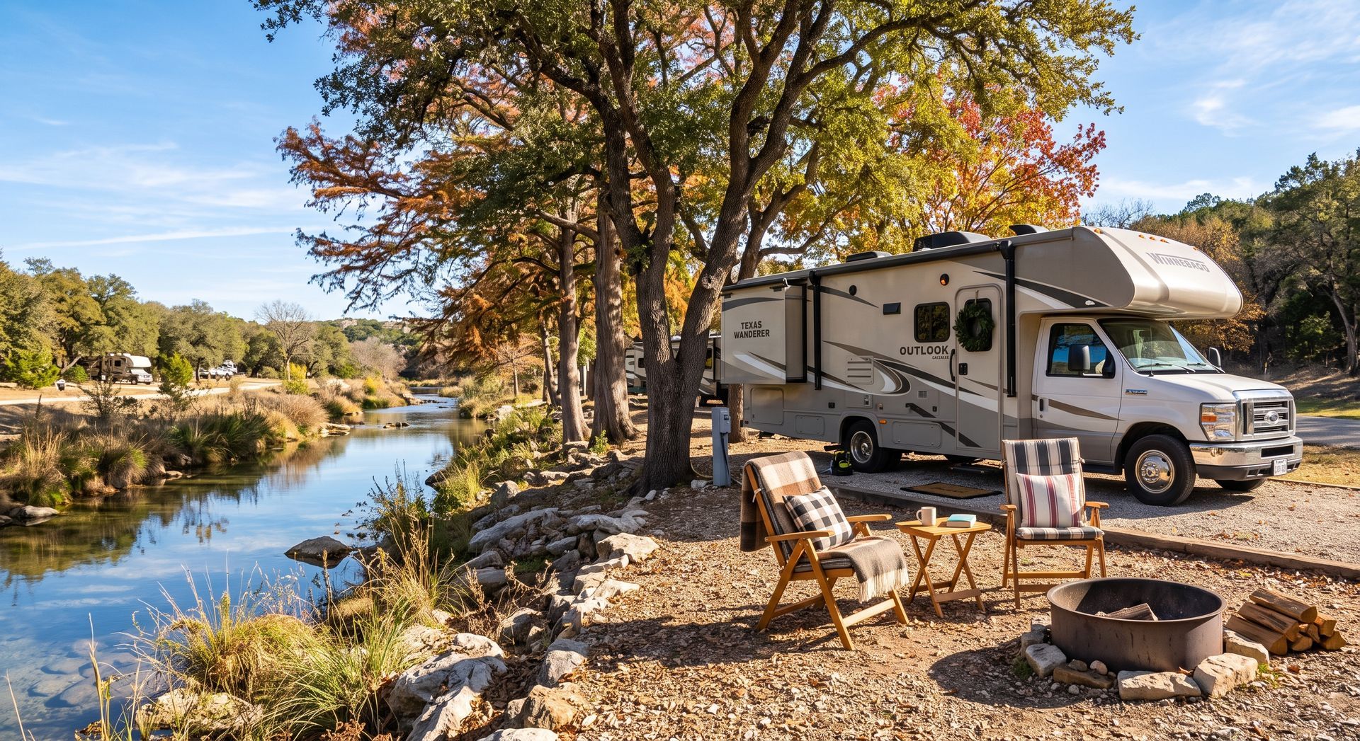 RV camping beside a river, with autumn trees, chairs, and a fire pit in a scenic campground.