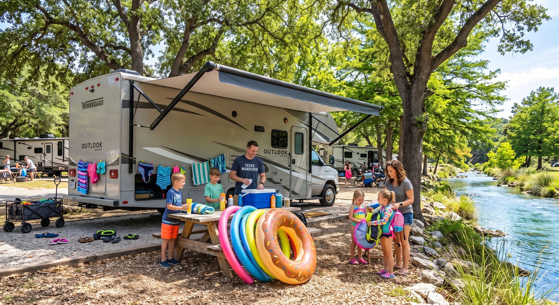 Family gathered by a camper beside a river, with colorful inflatable rings and children playing outdoors