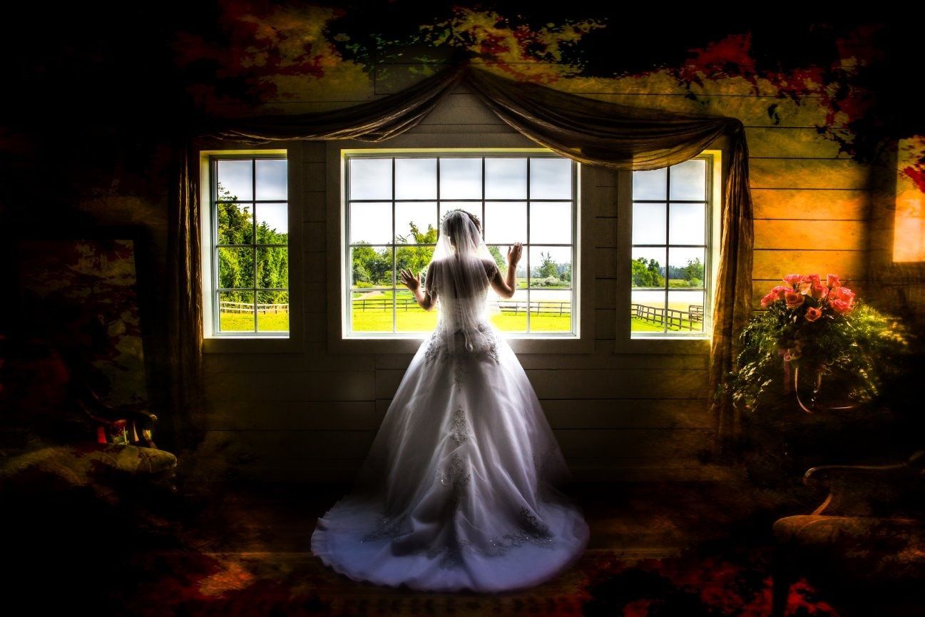 Bride in wedding dress gazing out a bright window, overlooking a green field.