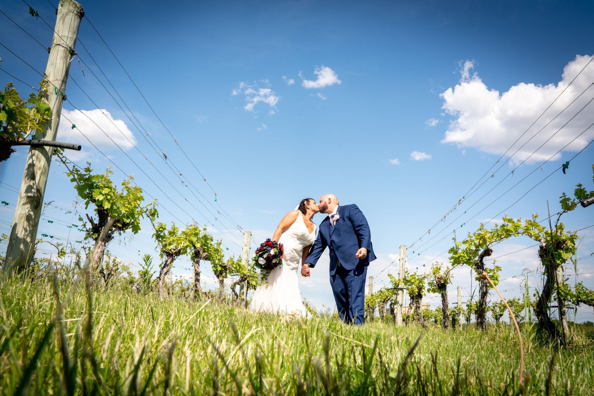 Bride and groom kissing in a vineyard, blue suits and dress, bright blue sky, sunny day.