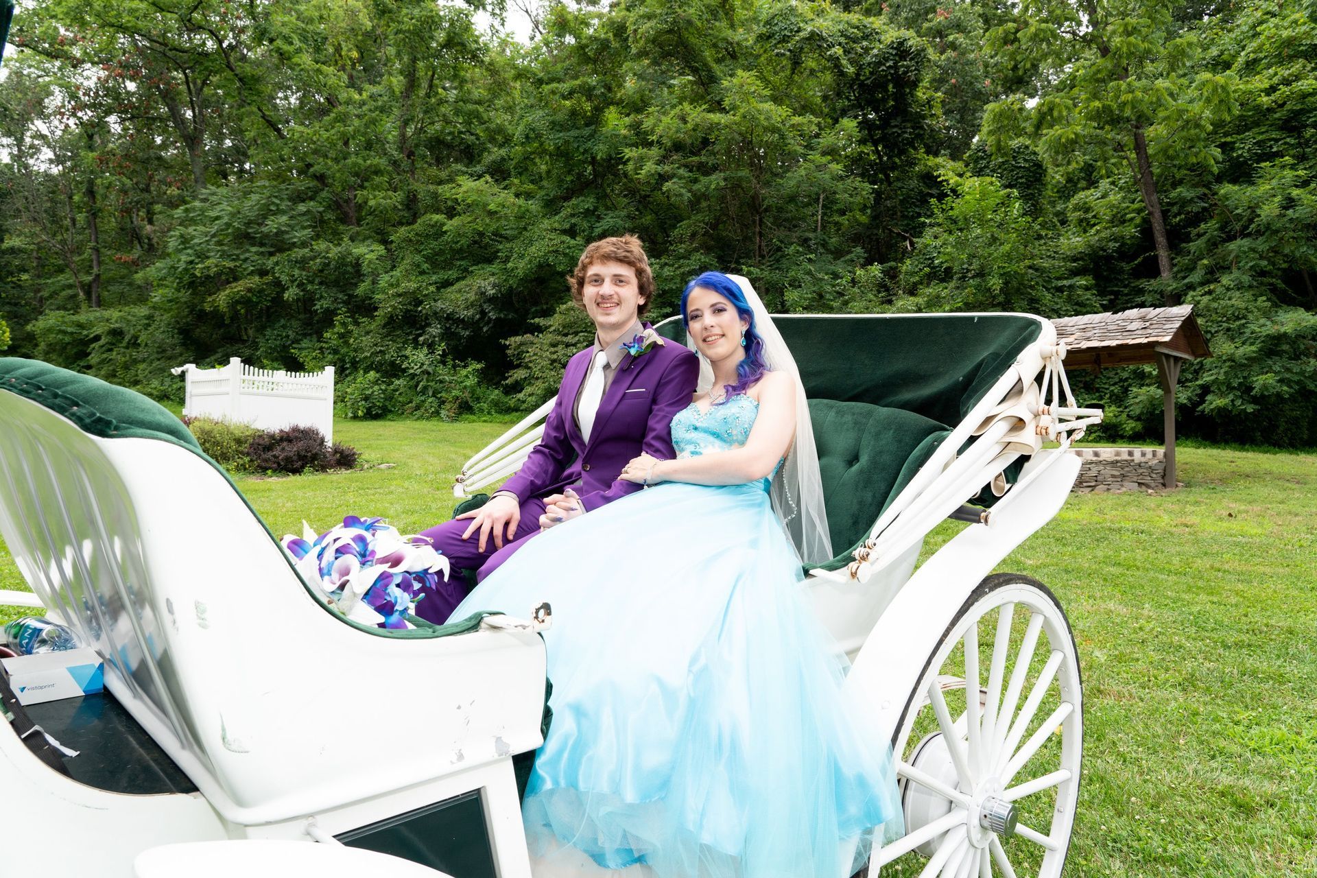 Couple in wedding attire sit in a white carriage outdoors. The bride has blue hair, and the groom wears purple.