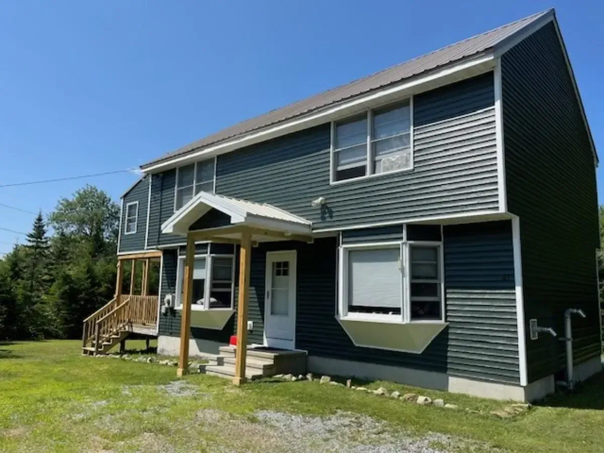 Two-story dark green house with porch, windows, and a metal roof on a grassy lot under a blue sky.