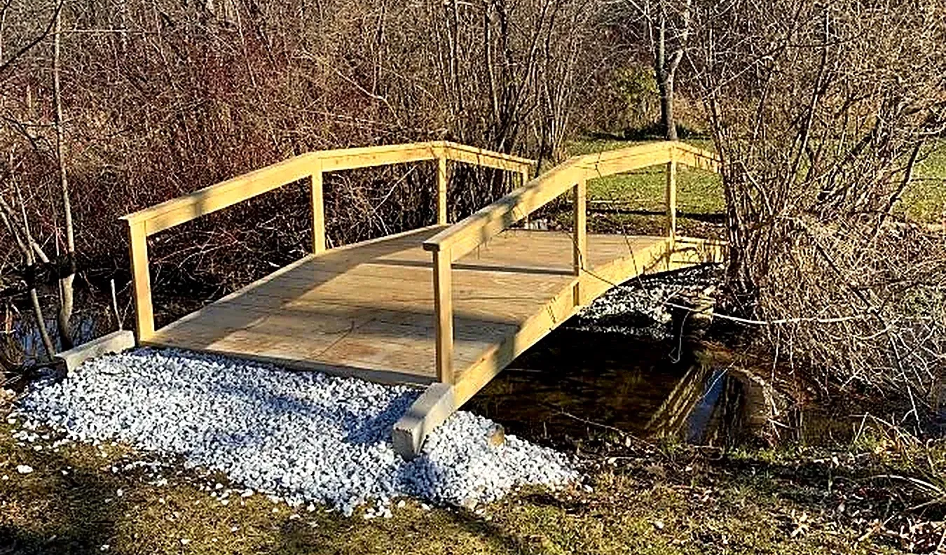 Wooden pedestrian bridge with handrails over a small creek in a wooded area