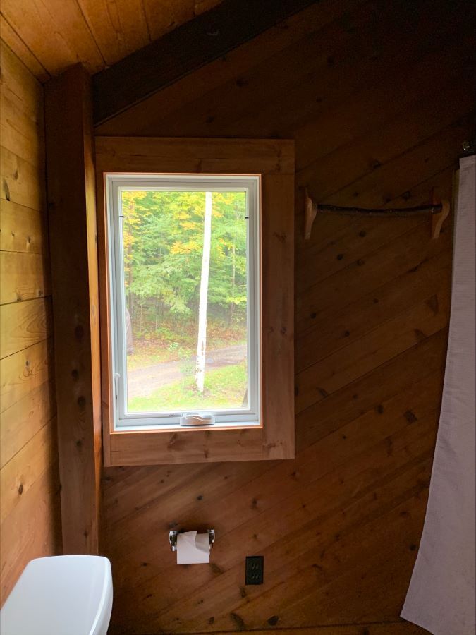 A bathroom with a toilet , window and shower curtain.