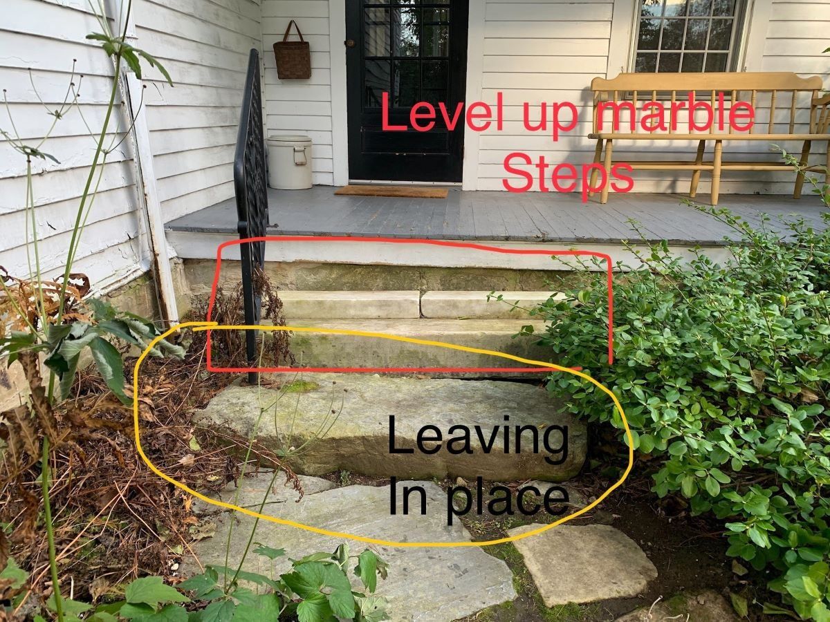 A picture of a porch with steps that are leaving in place.