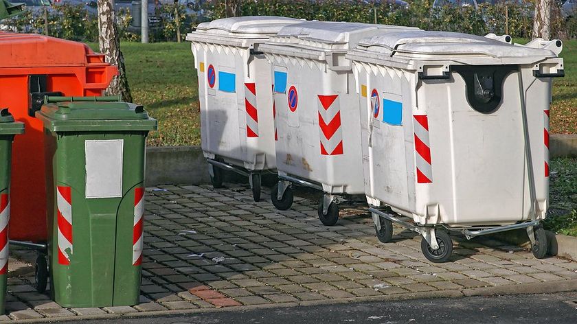 different colors garbage dumpster near the road