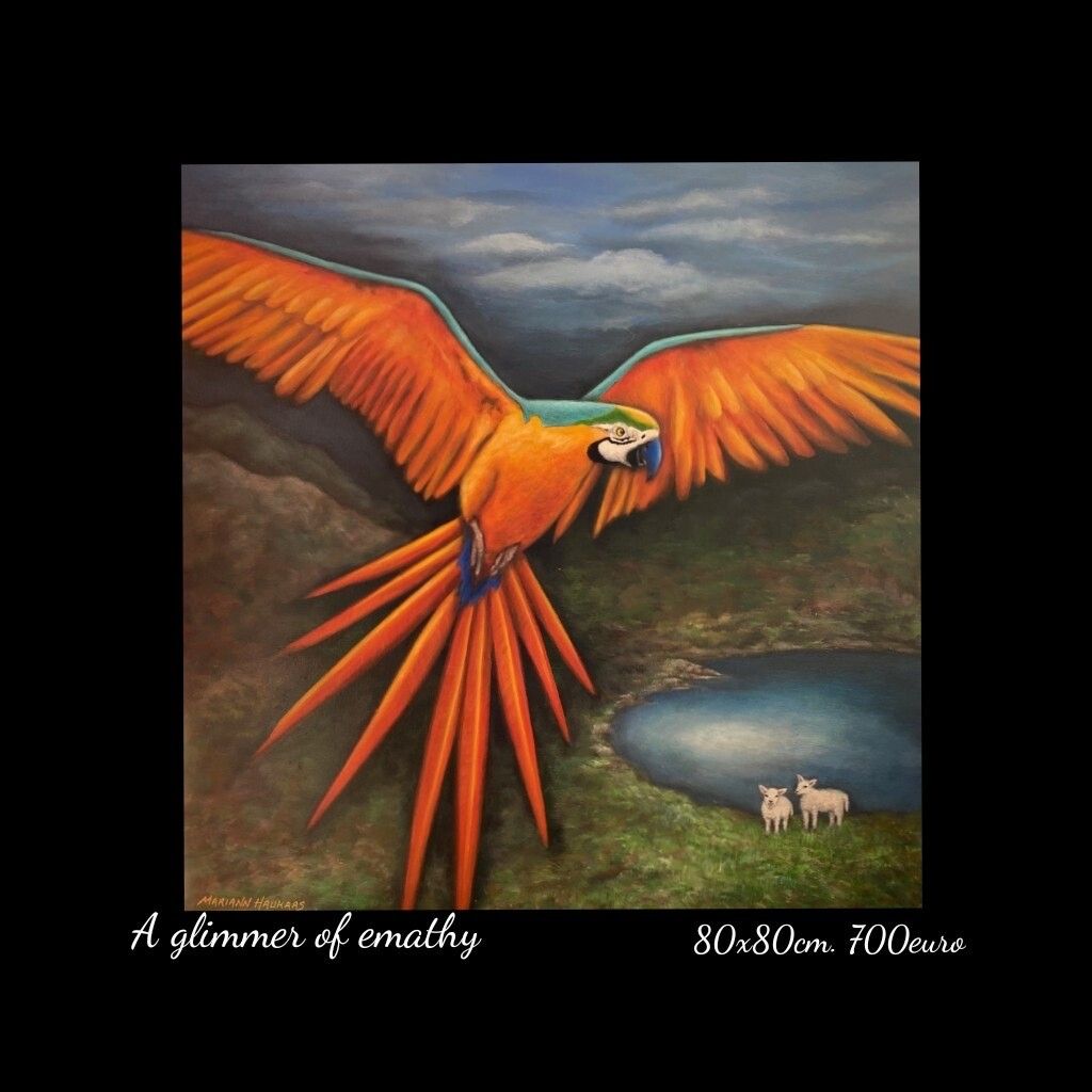 A painting of a parrot is titled a glimmer of melancholy