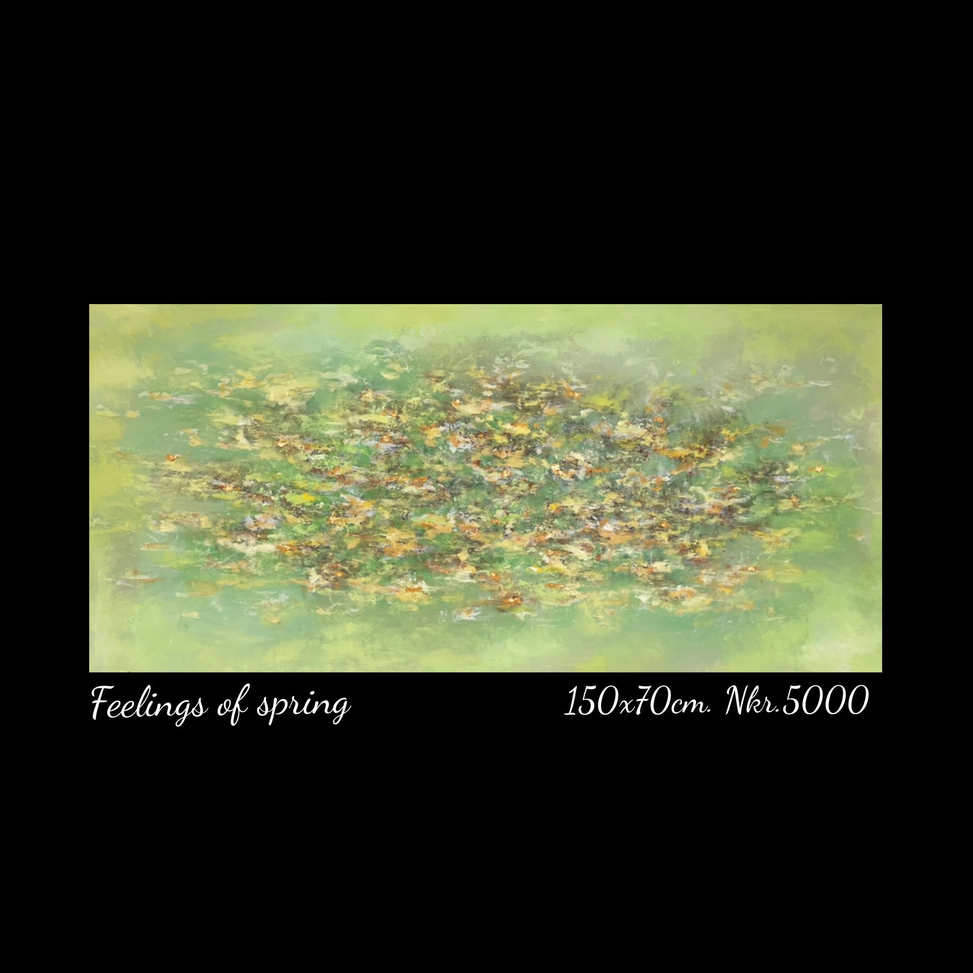 A painting of a field of flowers on a green background.