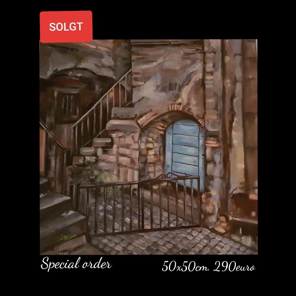 A painting of a stone building with stairs and a gate.