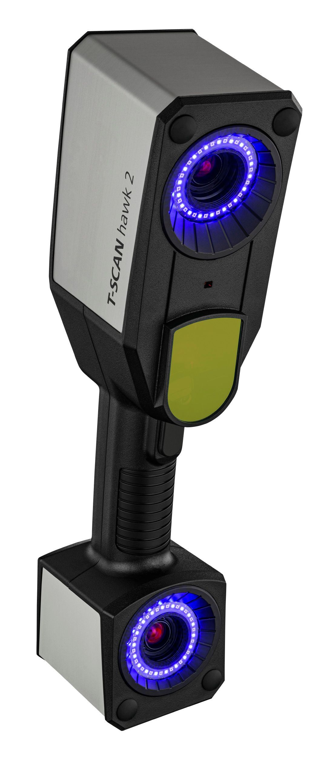A black and white object with two blue lights on it.