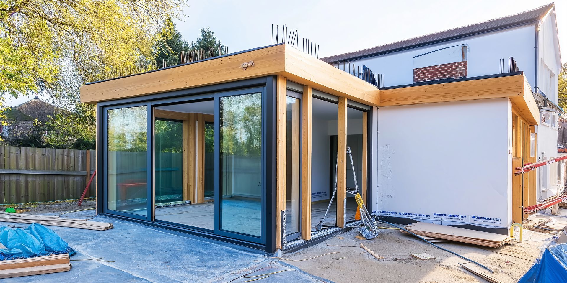 Une extension de maison en forme de L, avec de grandes portes coulissantes en verre, une charpente en bois et des murs extérieurs blancs, est en construction.