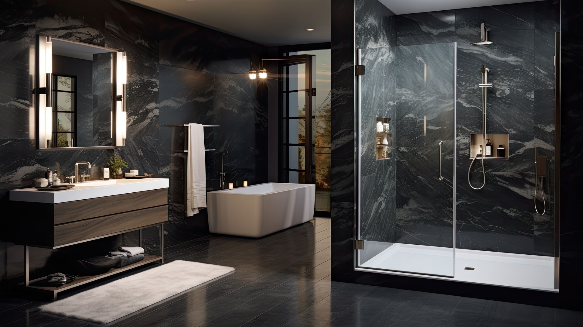 Une salle de bains moderne et luxueuse avec des murs en marbre noir, un meuble-lavabo blanc, une baignoire îlot et une douche vitrée.