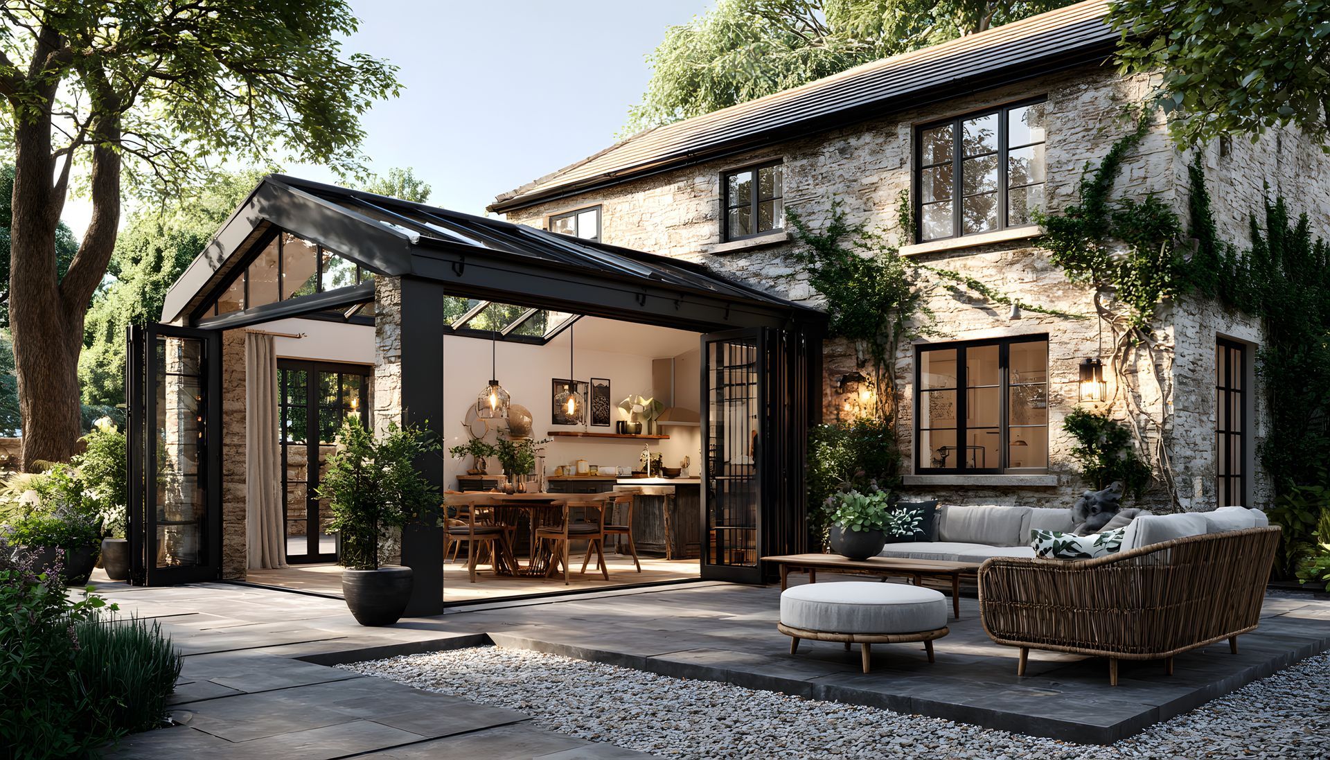 Un cottage en pierre avec une extension vitrée ouverte, un intérieur salle à manger et un coin salon sur terrasse avec mobilier d'extérieur.