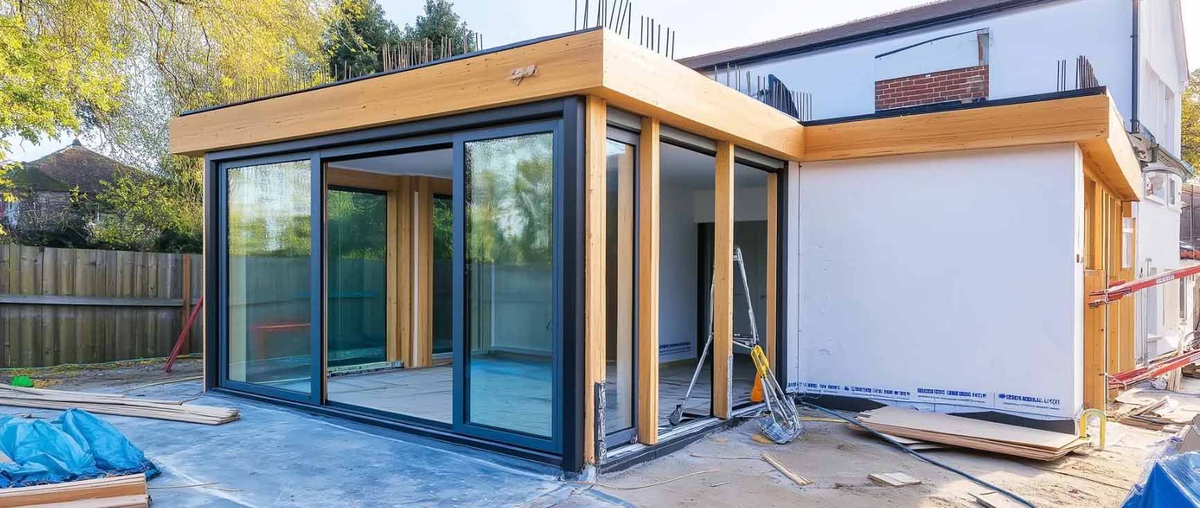 Une extension de maison en forme de L, avec de grandes portes coulissantes en verre, une charpente en bois et des murs extérieurs blancs, est en construction.