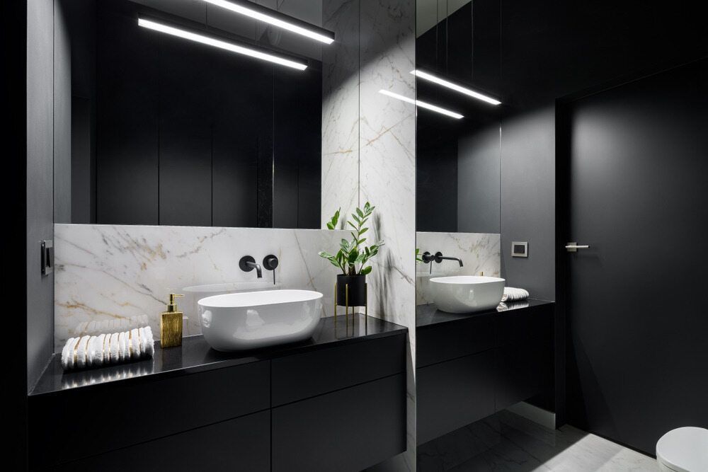 A Bathroom with Two Sinks, a Toilet and A Mirror — Colour Splash in Nelson Bay, NSW