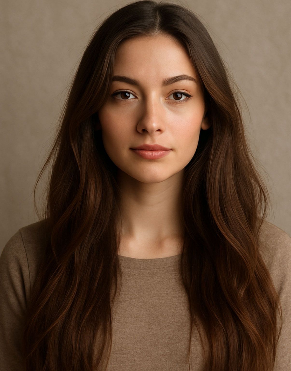 A woman with long brown hair is wearing a brown sweater and looking at the camera.