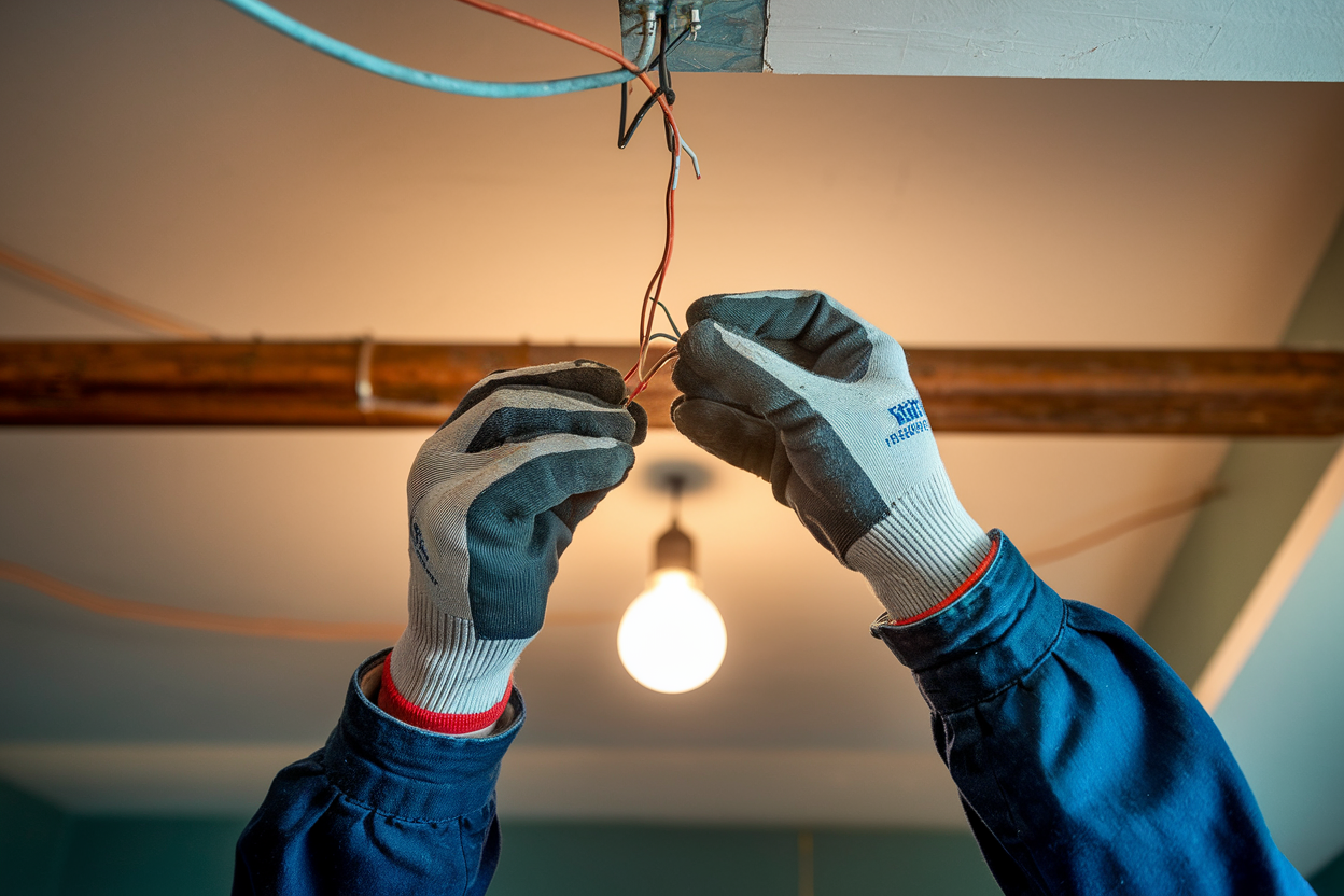 Hands wearing work gloves carefully manipulate exposed electrical wires hanging from a ceiling junction box.
