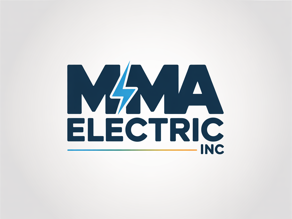 Logo for MMA Electric Inc. featuring dark blue text with a central light blue lightning bolt replacing the letter A.