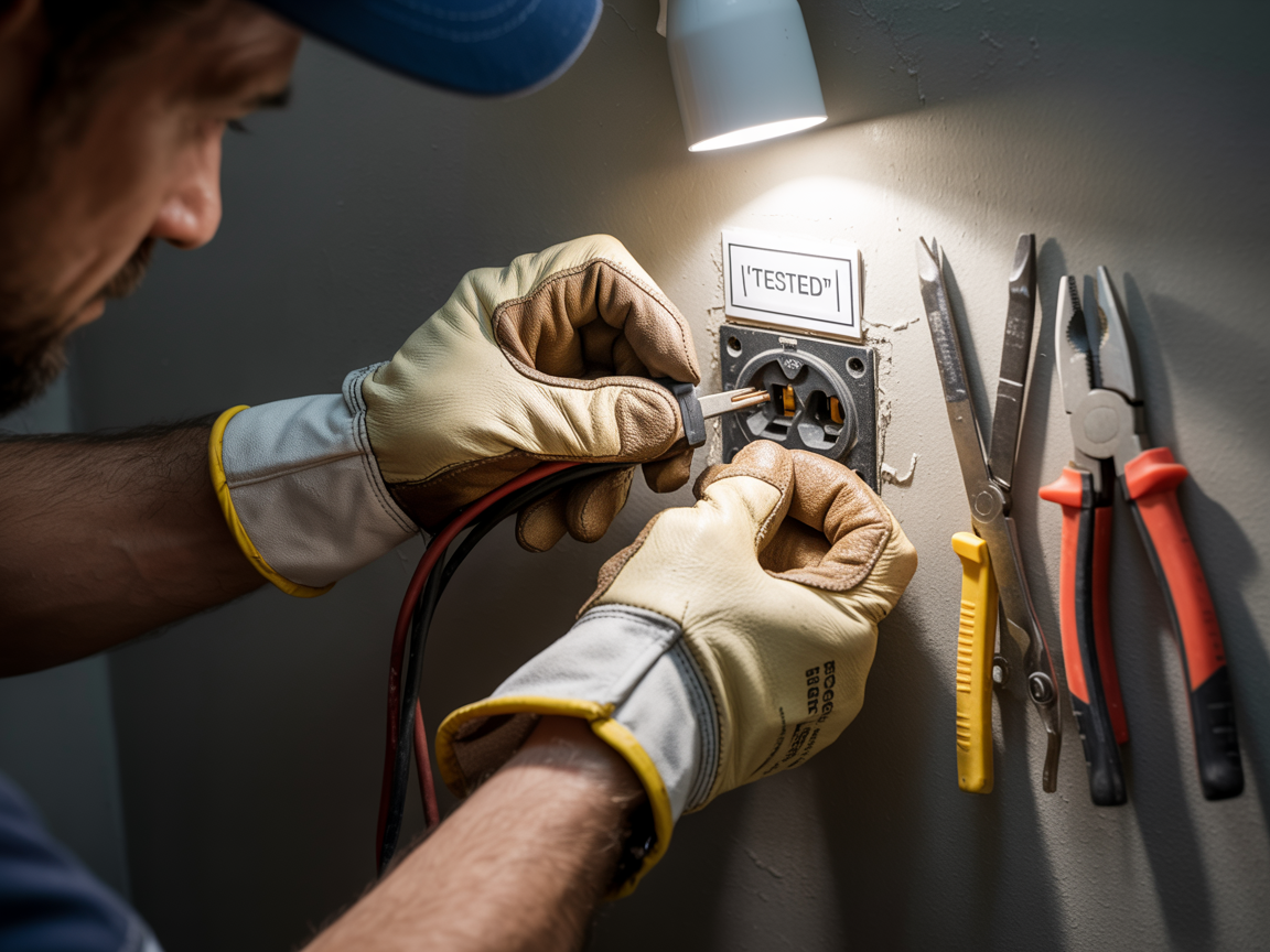 An electrician wearing work gloves uses a multimeter probe to test a wall outlet, with tools hanging nearby.