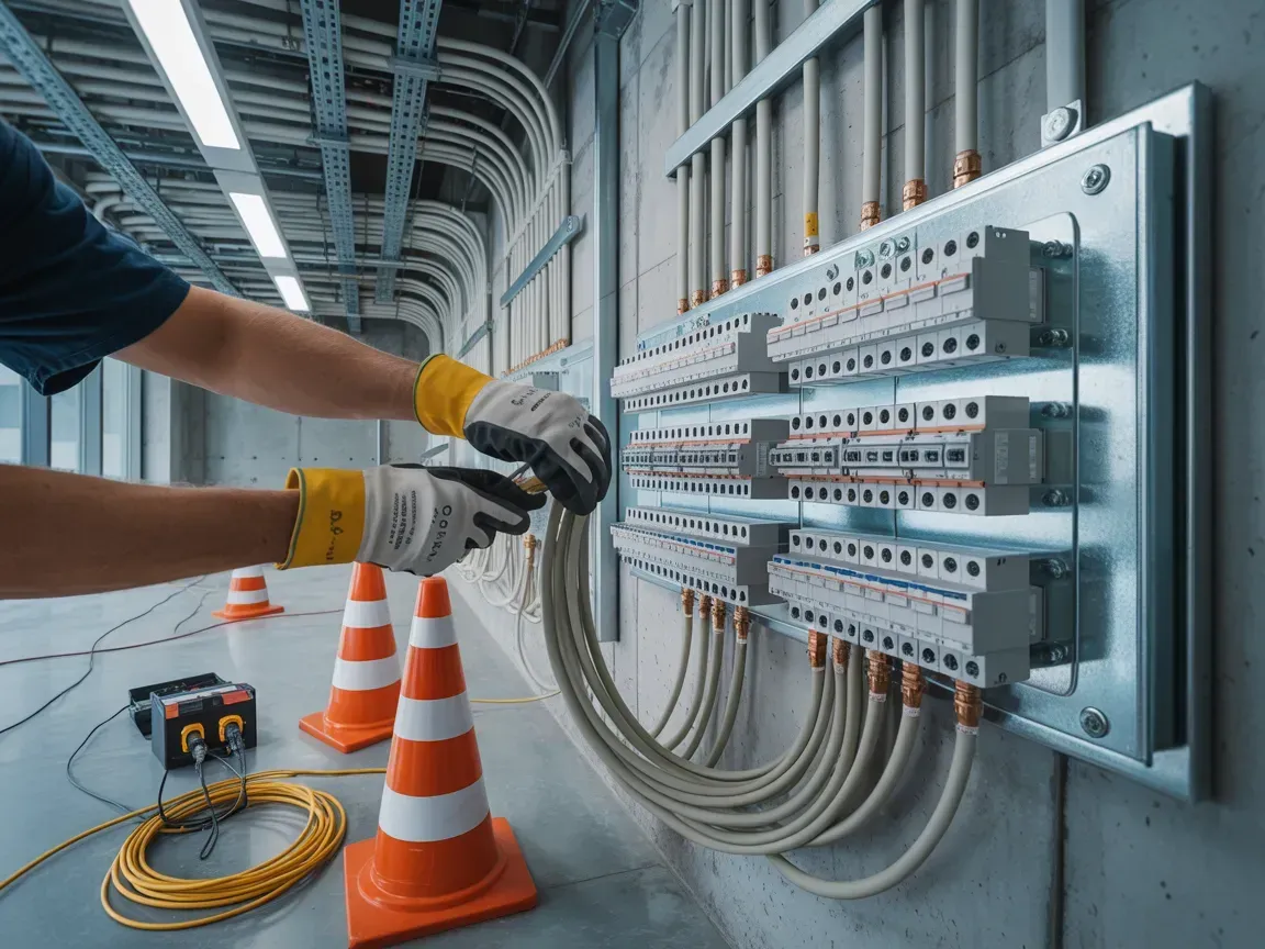 A technician in work gloves wires an electrical distribution board mounted on a wall in a construction or industrial site.