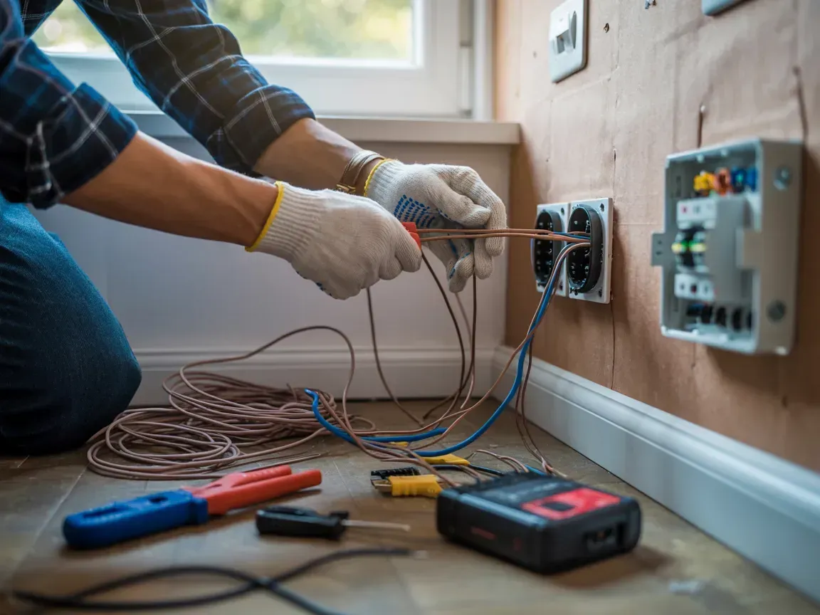 A person wearing gloves wires an electrical wall outlet, with tools and a multimeter on the floor nearby.