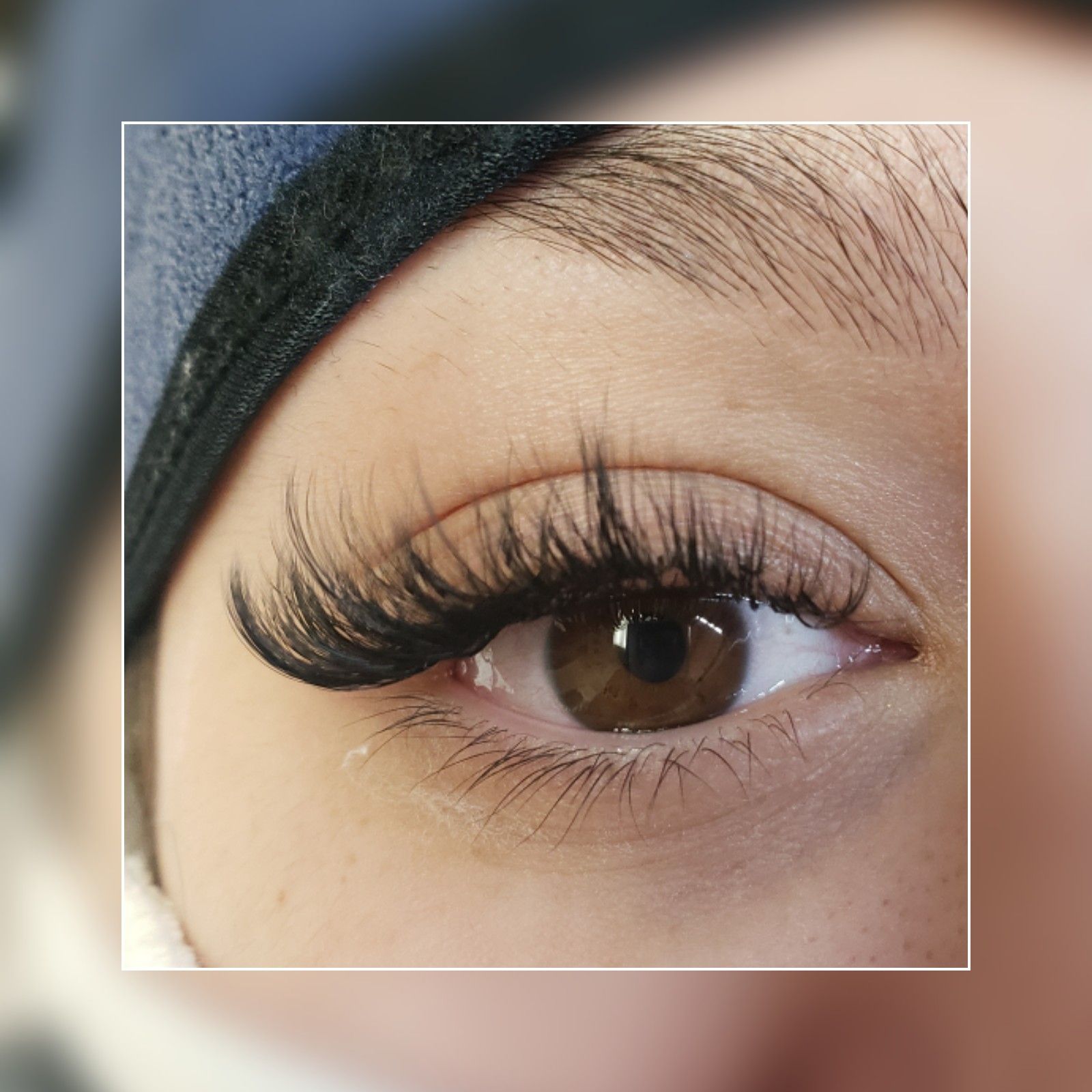 Collage of close-up eyelash extensions on a closed eye and an open eye from different angles