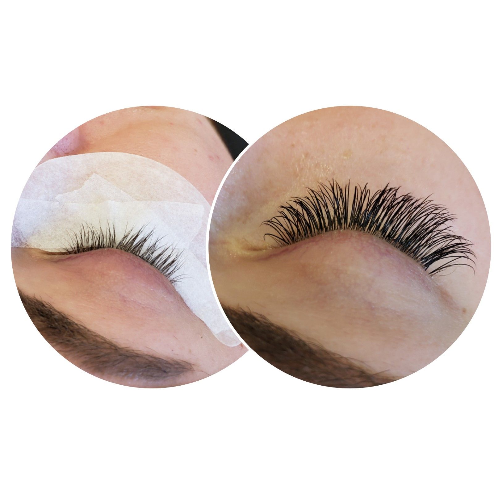 Close-up comparison of eyelash extensions before and after, with a curved white eyelash pad