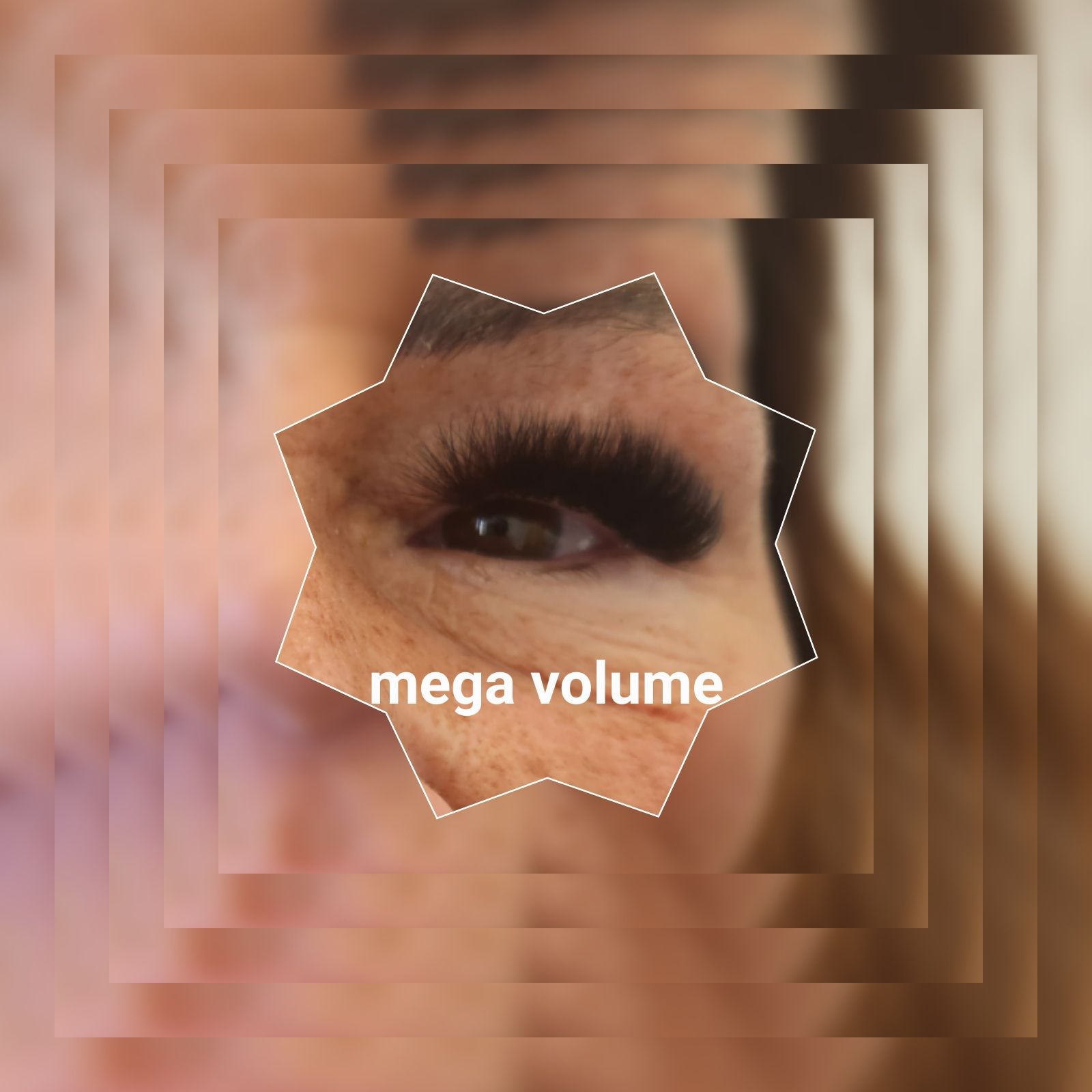 Close-up of an eye with layered pink and beige geometric frames and the text “mega volume” in the center