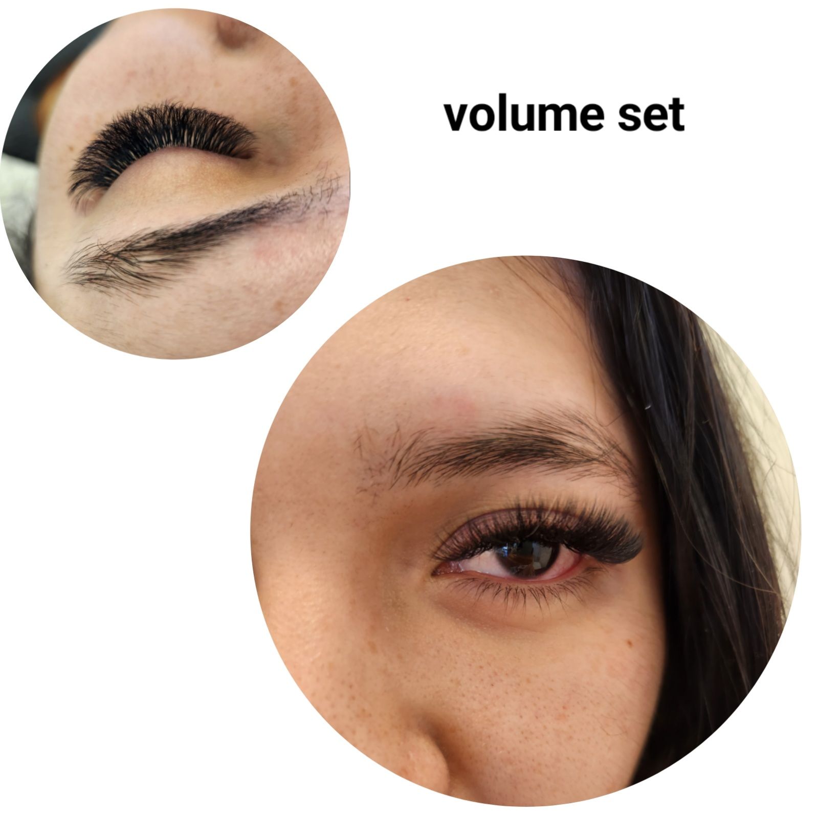 Eyelash extension close-up labeled “volume set,” showing a before-and-after eye view.