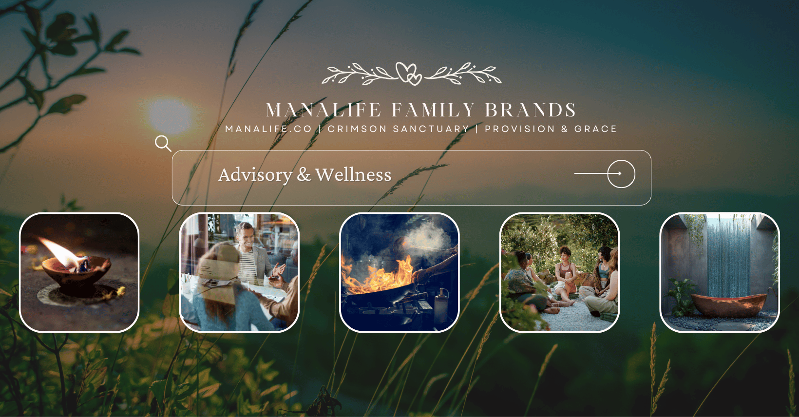 Website with navigation, background of nature scene, and five related images.