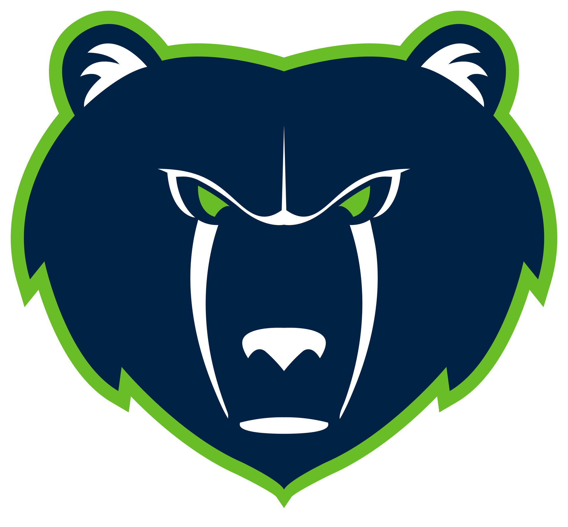 Stylized navy bear head logo with green outline and white facial features, facing forward