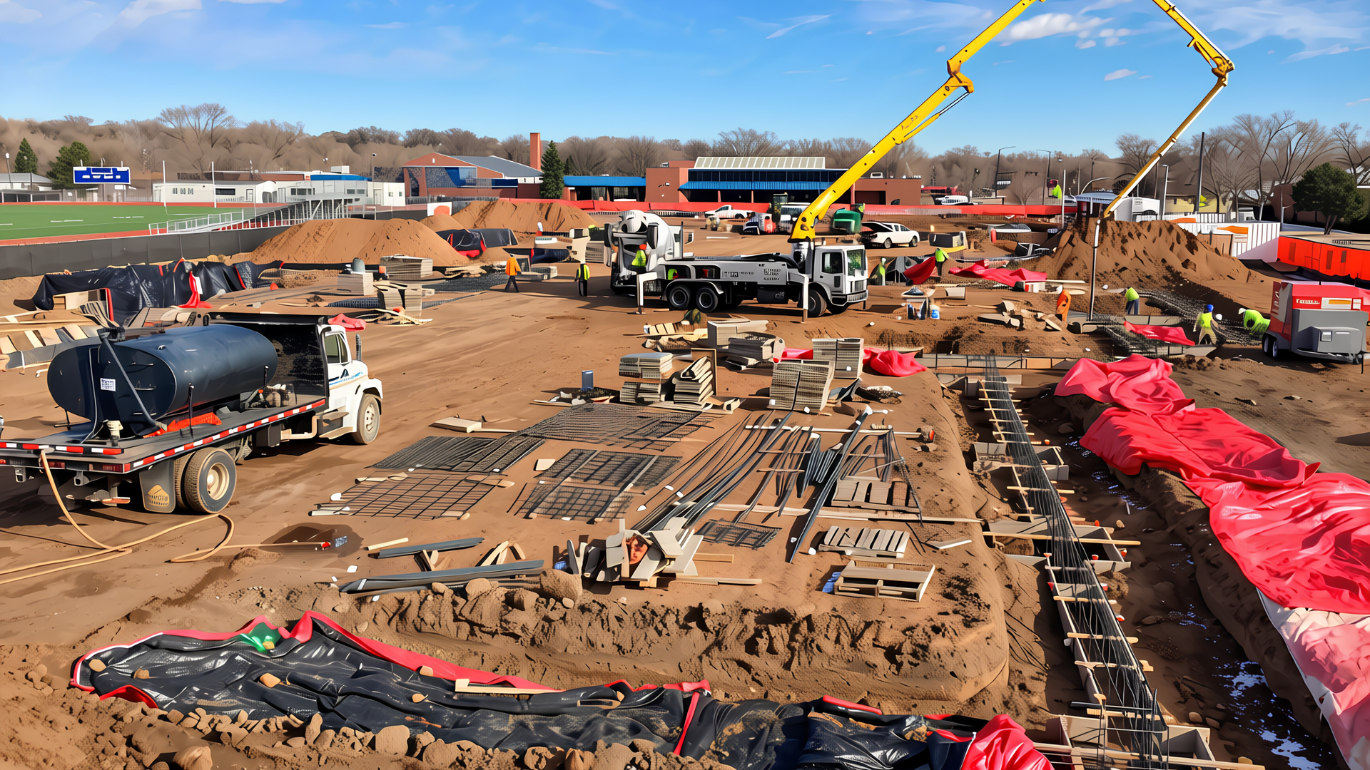 Large commercial concrete slab being poured with a pump truck at a Southern Colorado development