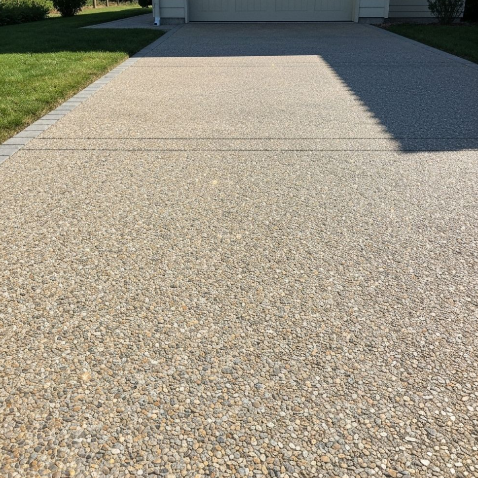 A light-colored, exposed aggregate concrete driveway with a dark grey paved border, leading up to a garage.